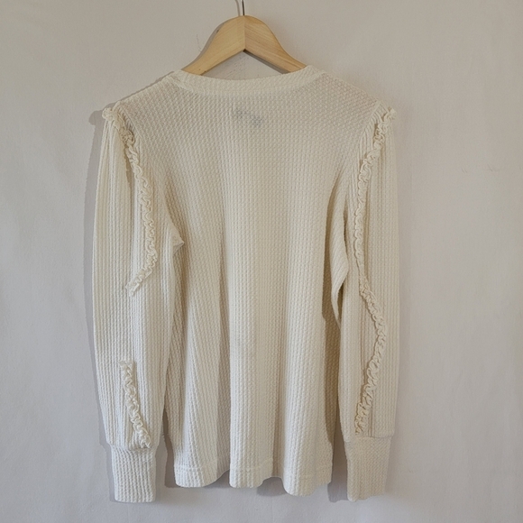 ALEXANDER JORDAN Ivory Waffle Knit Top Sz S Crewneck Ruffle Sleeve Cozy Neutral - Picture 2 of 12